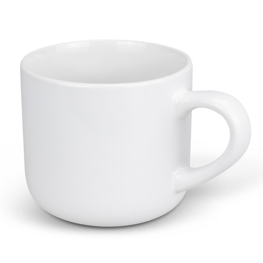 A white coffee mug with a rounded shape and a handle. It has a smooth, glossy finish and features a logo.
