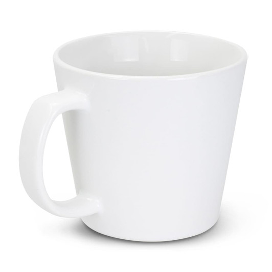 A white coffee mug with a curved design and a handle, featuring a smooth ceramic finish.