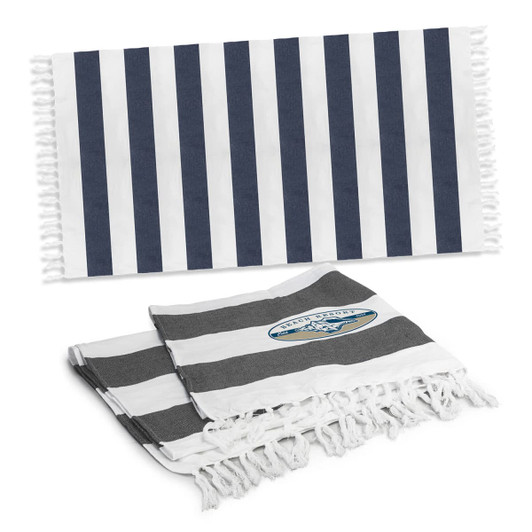 Striped cotton towels in navy blue and white, featuring fringe edges and a logo, displayed together.