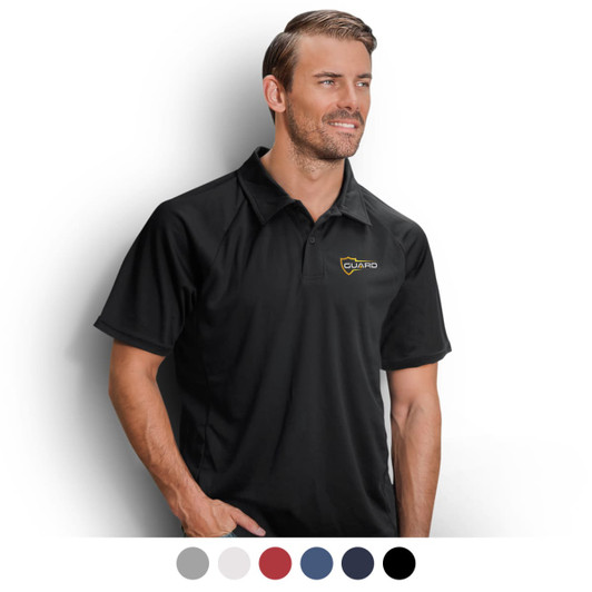 A men's polo shirt in black, featuring a logo, displayed on a model with options in grey, red, navy, and white below.