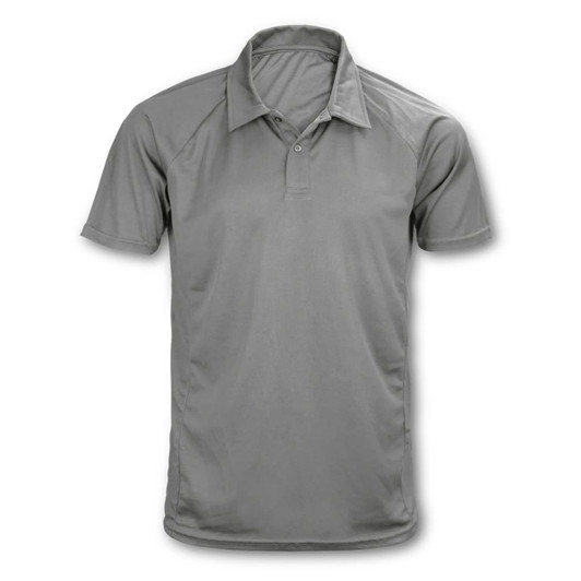 A grey TRENDSWEAR Ace Performance men's polo shirt with a collar and a logo on the chest.