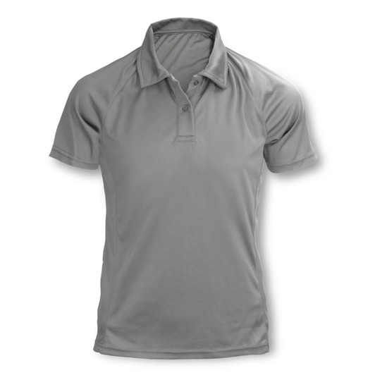 A grey women's polo shirt with a classic collar and short sleeves, featuring a logo.