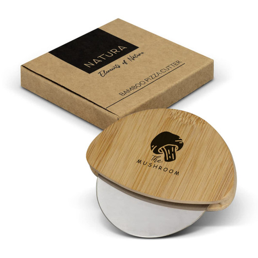 A bamboo pizza cutter in a curved shape, accompanied by a simple kraft box featuring a logo.