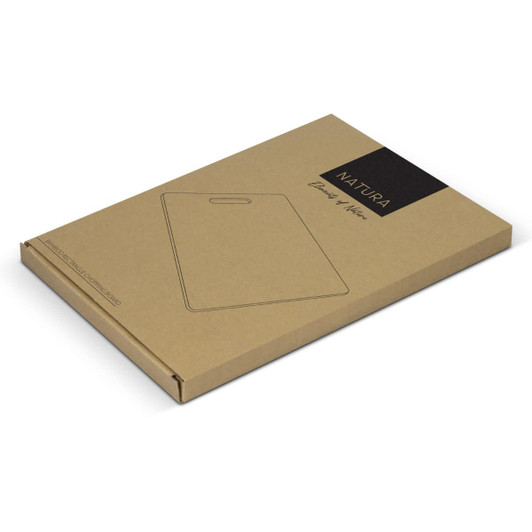 A rectangular chopping board packaged in a brown box, featuring a simple design and a logo on the front.
