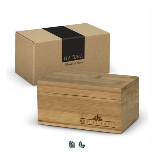 A bamboo tea box with a natural finish, accompanied by a brown cardboard packaging box. The tea box features a logo.