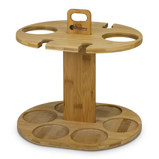 A bamboo wine rack featuring a circular design with spaces for holding multiple bottles. Eco-friendly and sturdy.