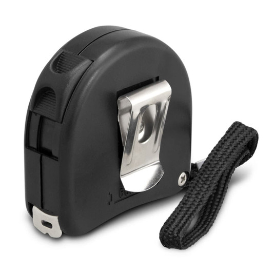 A locking tape measure featuring a sturdy black casing, a metal clip for attachment, and a textured strap for grip.