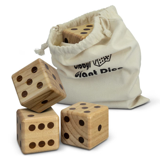 A set of three wooden yard dice in a cream drawstring bag, featuring black dots on each die.