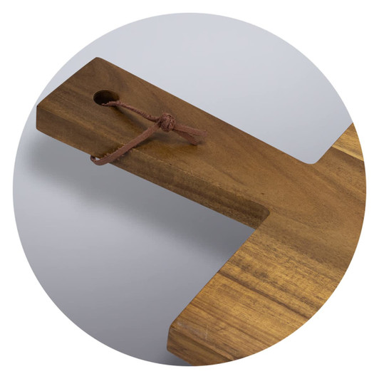 A wooden chopping board with a natural finish, featuring a hanging hole secured with a leather tie.