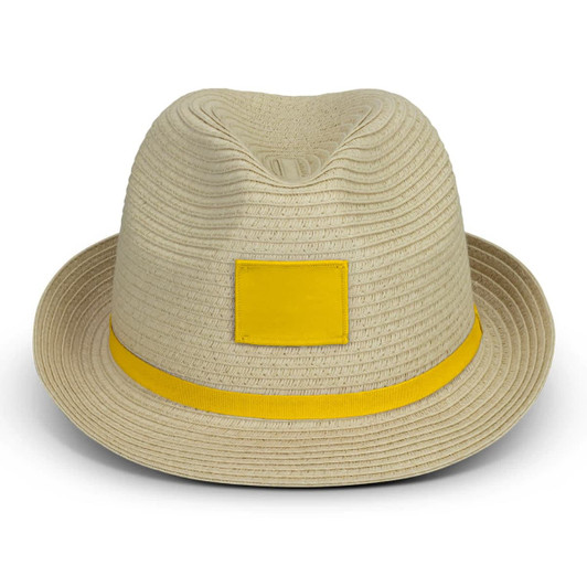 A beige fedora hat with a yellow band and a blank patch for branding.