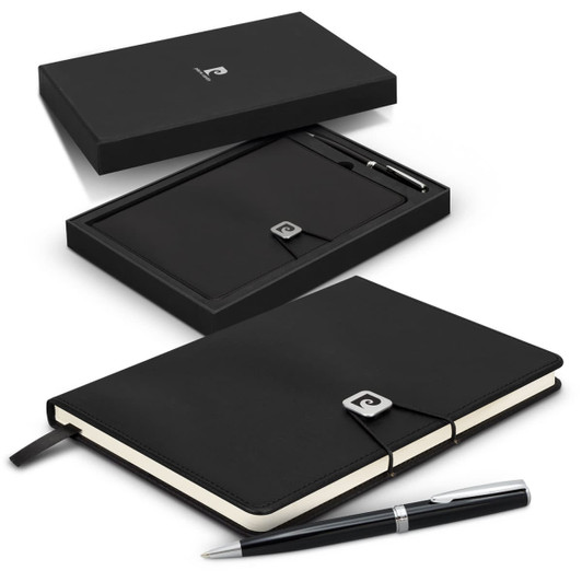 A black notebook with a clasp and a silver pen displayed in a matching black gift box.