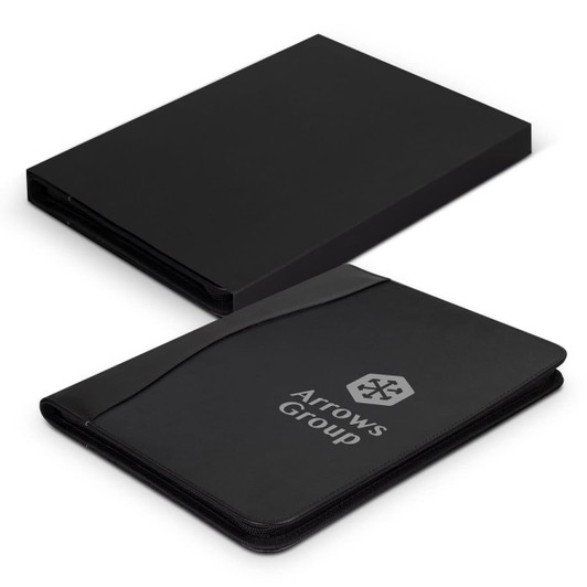 A black leather portfolio with a sleek design, featuring a logo on the front and an accompanying black box.