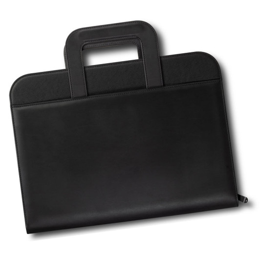 A black travel portfolio case featuring a handle and sleek design, suitable for office and business use.