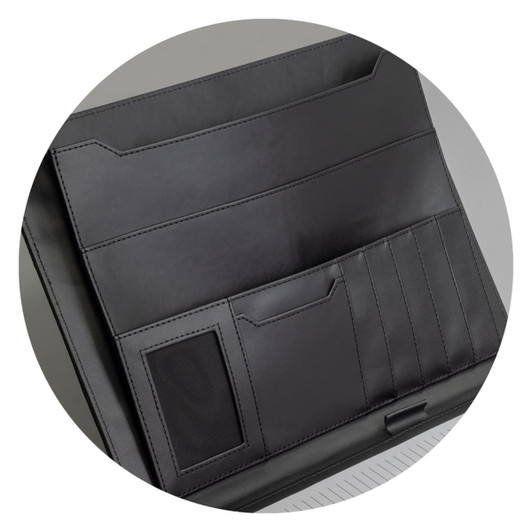 A black Melrose Portfolio with multiple pockets and a smooth finish, featuring a logo.