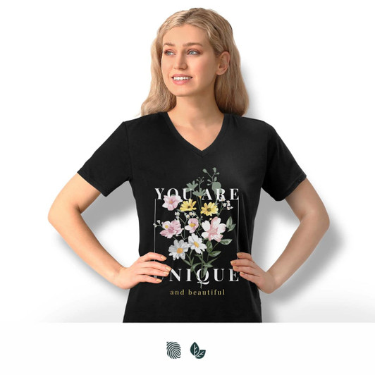 A black women's V-neck T-shirt featuring floral graphics and the text "You are unique and beautiful." It has a branding logo.