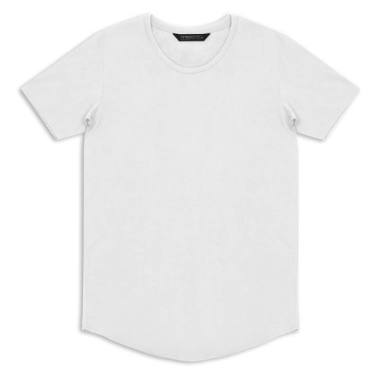 A white men's T-shirt featuring a rounded neckline and short sleeves. It includes a logo on the label.
