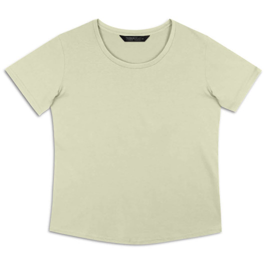 A light green women's T-shirt with short sleeves and a round neckline. The shirt features a branding logo.