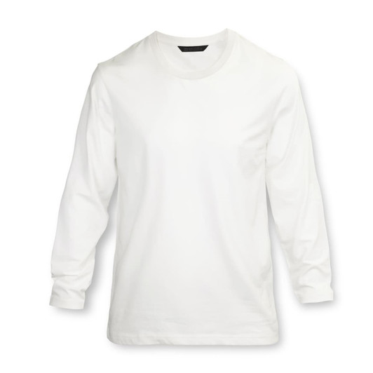 A white long sleeve crew shirt with a logo, featuring a classic design suitable for various occasions.