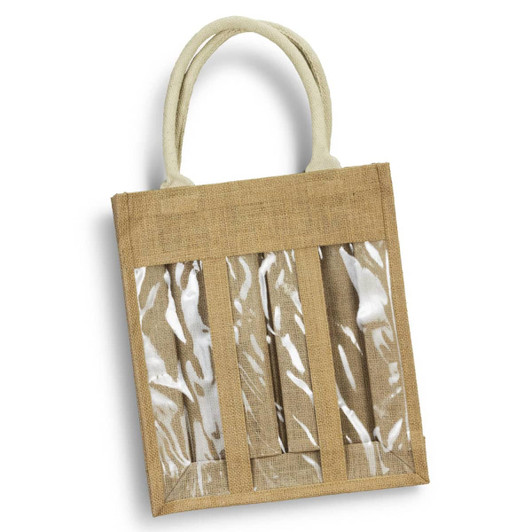 A jute tote bag in natural tones featuring transparent sections for three wine bottles. It has sturdy handles and a logo.