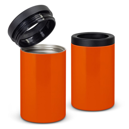 An orange vacuum insulated stubby cooler with a black lid and interior. One cooler is open, showing its stainless steel lining.