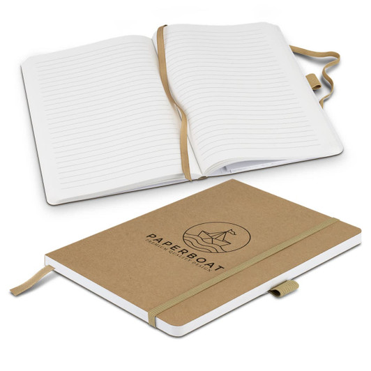 A beige Beaumont Stone Paper Notebook with lined pages, featuring a logo and an elastic closure.