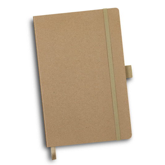 A brown notebook with a green elastic band closure, featuring a fabric ribbon bookmark and a simple design.
