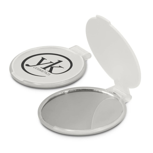 A compact mirror in white, featuring a reflective surface and a logo on the exterior.