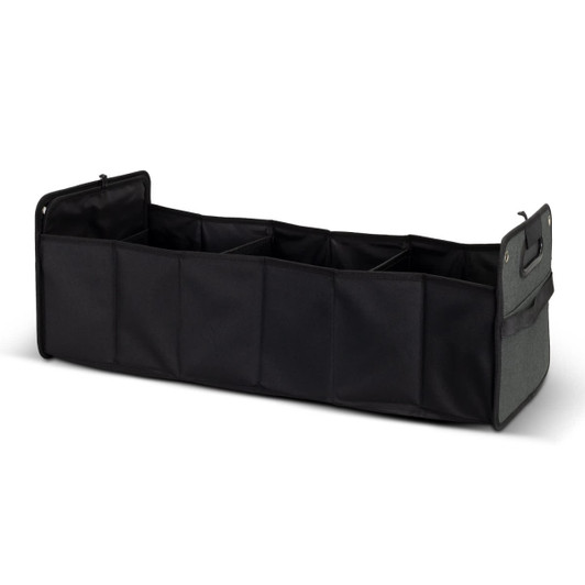 A black and grey trunk organiser featuring multiple compartments and a handle for easy carrying.