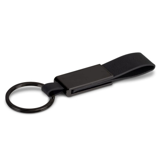 A black key ring featuring a sleek metal attachment and a leather strap. It includes a branding logo.