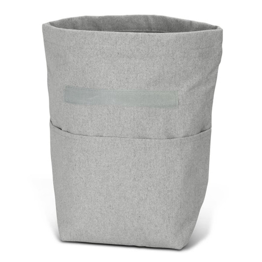 A grey cooler bag with a soft texture and a front pocket, featuring a subtle logo.