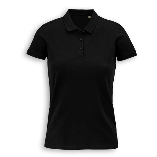 A black women's polo shirt with a collar, short sleeves, and a buttoned placket. Features a logo on the chest.