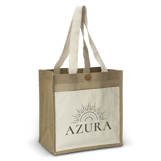 A natural jute tote bag with a cream front panel and sturdy handles, featuring a logo.