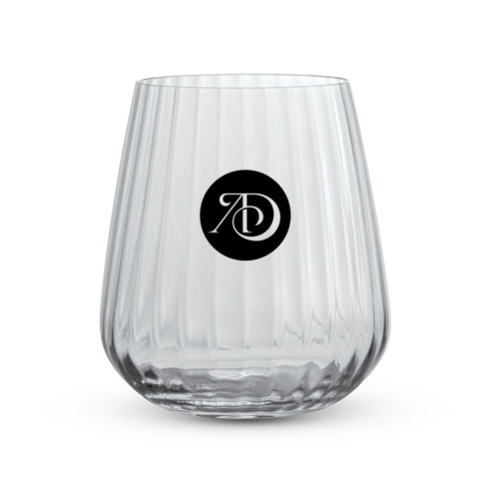 A clear, ribbed glass tumbler with a circular logo. Ideal for serving beverages.