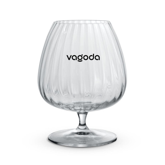 A clear glass cognac glass with a ribbed design and a stem, featuring a logo.