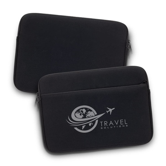 A black laptop sleeve featuring a logo on one side, designed to protect devices.