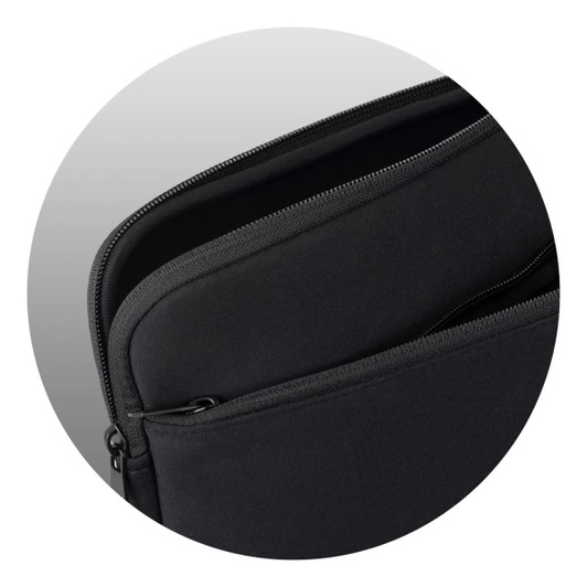 A large black laptop sleeve with a zippered opening and a smooth surface, featuring one visible internal pocket.