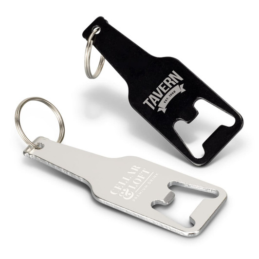 A drink bottle opener key ring set featuring a black opener with a logo and a silver opener with inscriptions.