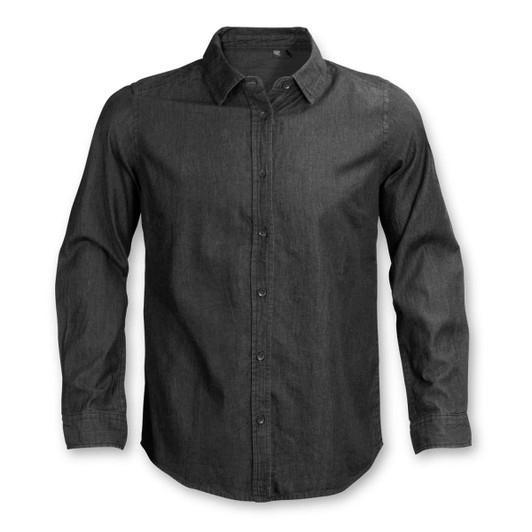 A men's button-up denim shirt in dark grey with long sleeves and a collar, featuring a logo on the chest.