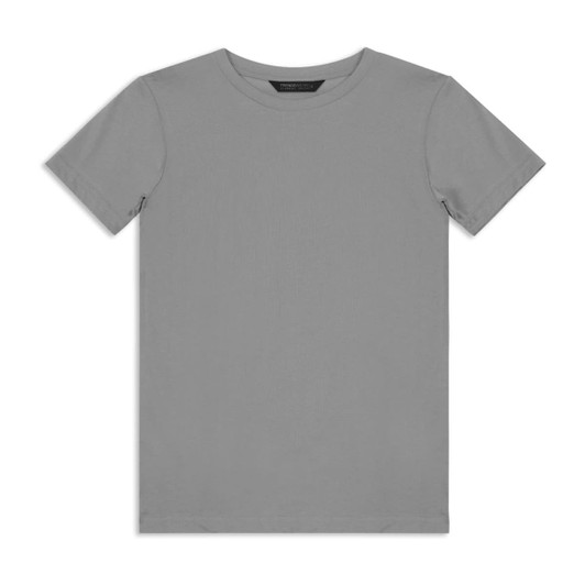 A grey youth t-shirt with short sleeves, featuring a simple design and a logo on the label.