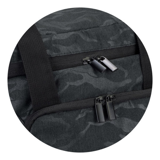A dark green cooler bag featuring a camouflage pattern, with dual zippers and sturdy black straps.