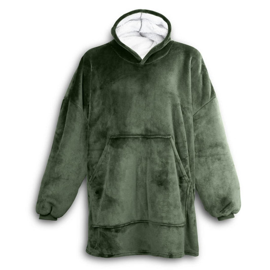 A green blanket hoodie with a large front pocket and a cosy, soft texture. It features a hood and long sleeves.