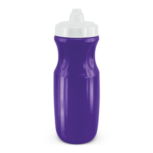A drink bottle in a vibrant purple colour with a white lid and a textured grip for easy handling. It features a logo.