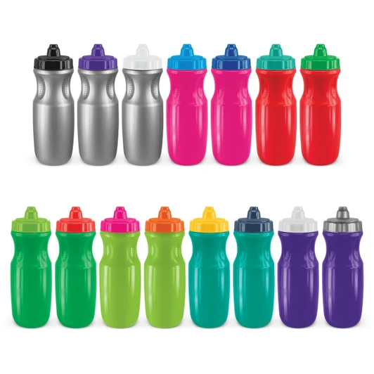 A drink bottle collection featuring silver, red, pink, green, purple, and other bright colours, all with caps and logos.
