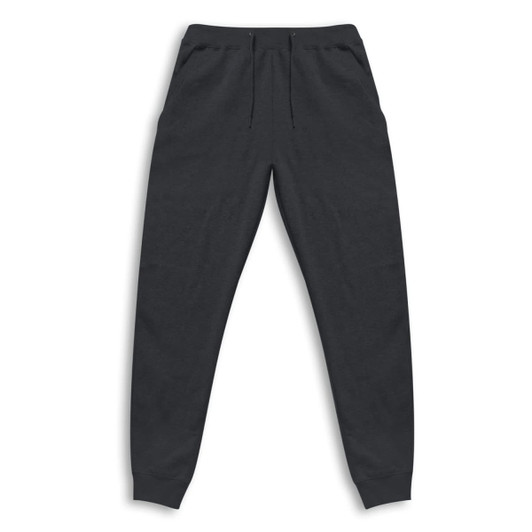 Unisex sweatpants in dark grey with an elastic waistband and pockets, featuring a logo.