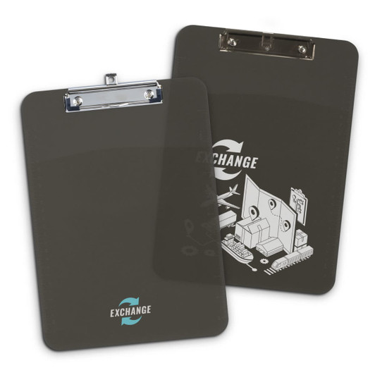 A dark grey clipboard with a metal clip, featuring a design that includes an illustration and a logo.