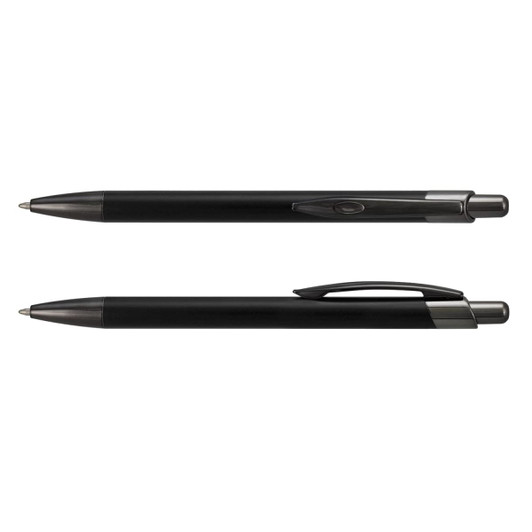 A metal pen in black with a sleek design, featuring a clip and a smooth-writing tip. It has a branding logo.