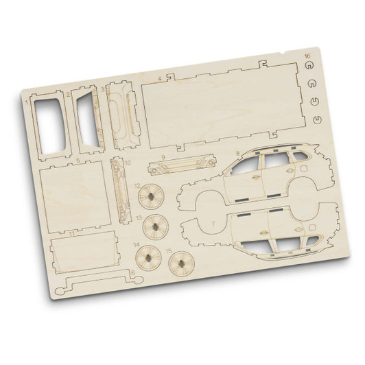 A wooden model sheet featuring parts to assemble a SUV, including car body and wheels, in a light coloured finish.