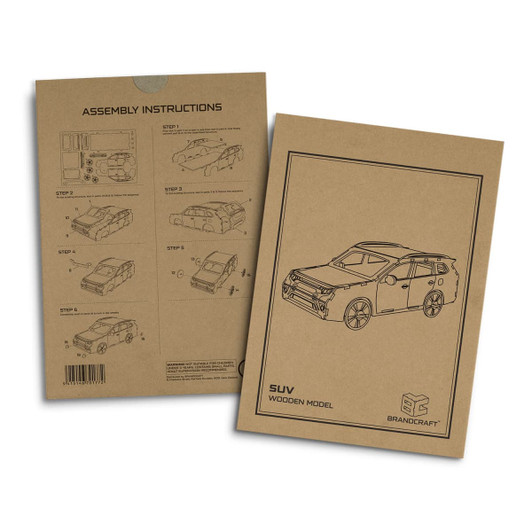 A wooden model kit featuring an SUV design with assembly instructions on a brown cardboard backing.
