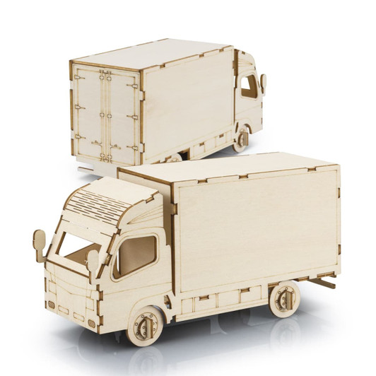 A wooden model of a small truck, featuring two views. The model is crafted from light-toned wood and has a simple design.