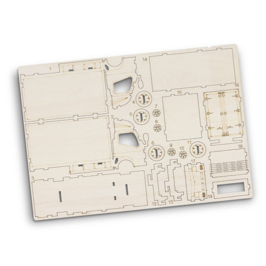 A wooden model kit for a small truck featuring laser-cut pieces in natural wood colour. Includes details for assembly.